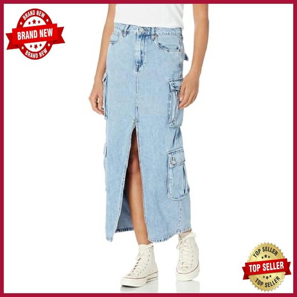 Denim Cargo Maxi Skirt with Functional Pockets, Casual Wear - Picture 2 of 3